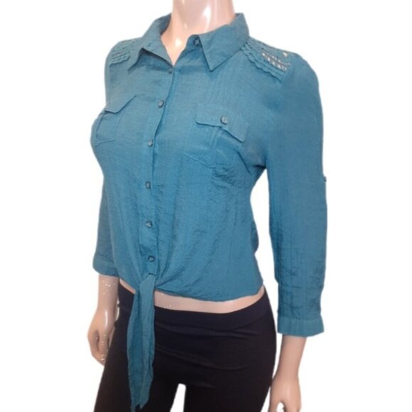 3/$20 MINE Tie Hem Buttoned Shirt Open Crochet Roll Tab Sleeve Collared Teal Top - Picture 1 of 14